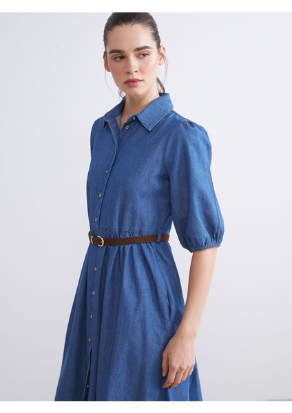 Yeni Sezon Gömlek Yaka Balon Kollu Kemerli Jean Elbise fiyatları