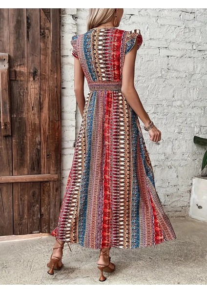 Kadın Kısa Kollu V Yakalı Desenli Yandan Yırtmaçlı Süprem Elbise fiyatları