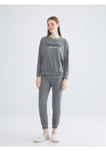 Yeni Sezon Bisiklet Yaka Baskılı Kadın Pijama Takımı