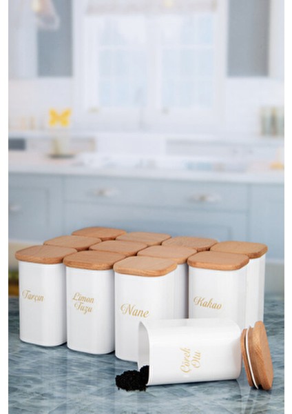 12'li 300 ml Vakumlu Bambu Ahşap Kapaklı Porselen Görünümlü Akrilik Baharatlık Etiket Hediyeli