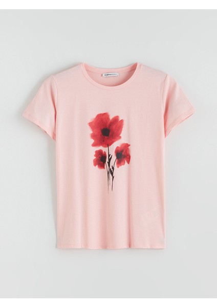 Yeni Sezon Bisiklet Yaka Çiçekli Kadın Tişört indirimleri
