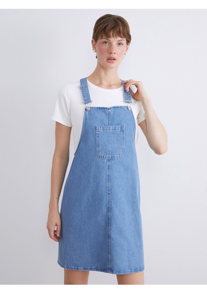 Yeni Sezon Kare Yaka Jean Salopet Elbise