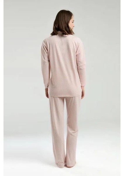 Kadın Modal Pamuk Çizgili Önden Düğmeli Uzun Kollu 4 Mevsimlik Kutulu Pijama Takım modelleri