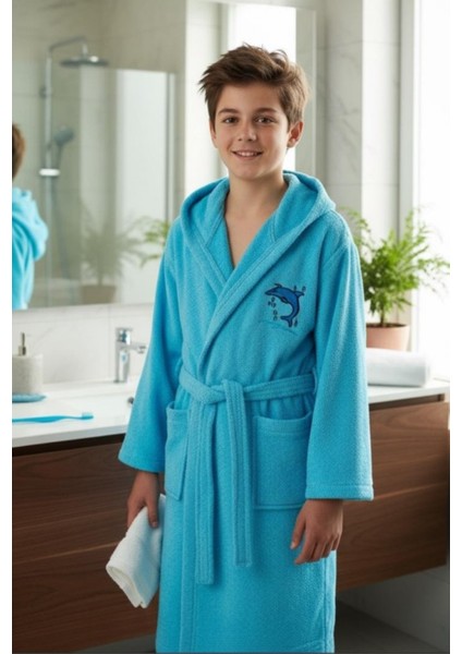 Kapüşonlu ve Kemerli Pamuklu TURKUAZ Erkek-Kız Genç Çocuk Bornozu(PAMUKLU-YUNUS NAKIŞLI-YUMUŞAK)