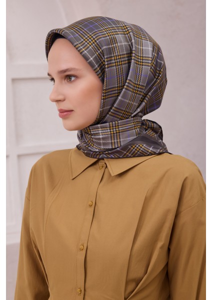 Ekose Desen Ipek Twill Eşarp 4218D01 Füme fiyatları