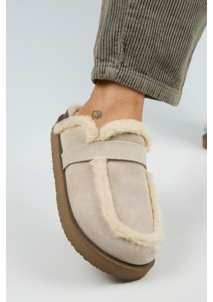 (Ecemi Platform) Kadın Hakiki Deri Kürklü Loafer Platform Bej Terlik