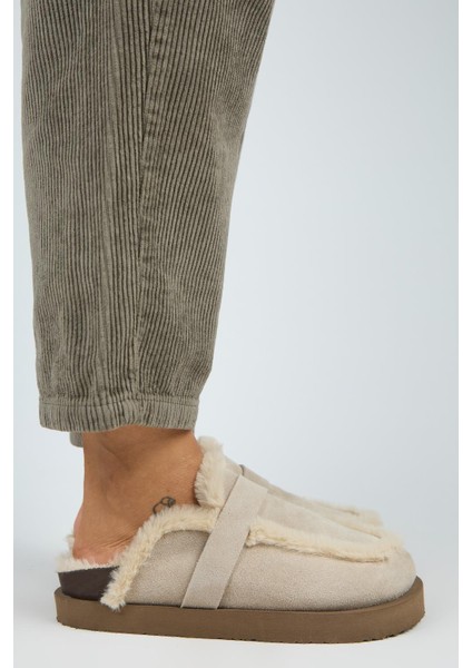 (Ecemi Platform) Kadın Hakiki Deri Kürklü Loafer Platform Bej Terlik fiyatları