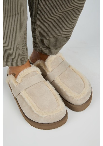 (Ecemi Platform) Kadın Hakiki Deri Kürklü Loafer Platform Bej Terlik modelleri