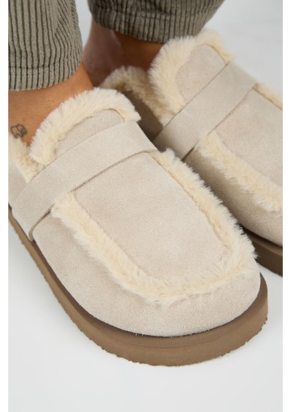 (Ecemi Platform) Kadın Hakiki Deri Kürklü Loafer Platform Bej Terlik fırsatları