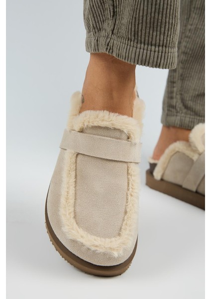 (Ecemi Platform) Kadın Hakiki Deri Kürklü Loafer Platform Bej Terlik indirimleri