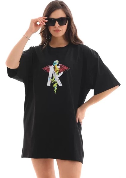Unisex Bisiklet Yaka Baskılı Oversize T-Shirt - Siyah fırsatları