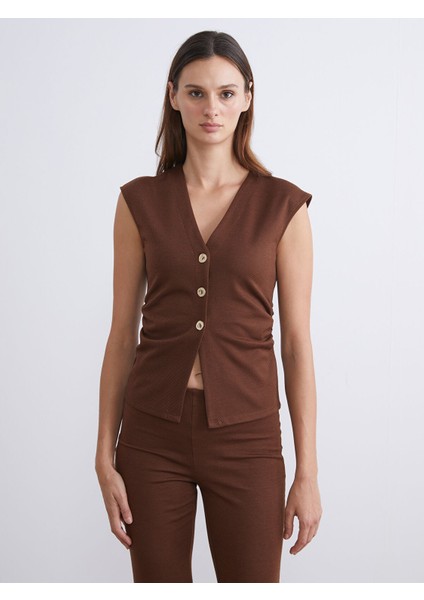 Yeni Sezon V Yaka Büzgülü Kadın Klasik Yelek