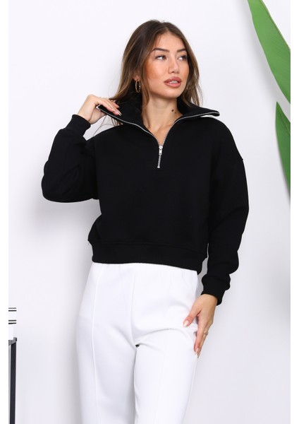 Siyah Önü Fermuarlı Üç Iplik Crop Sweat