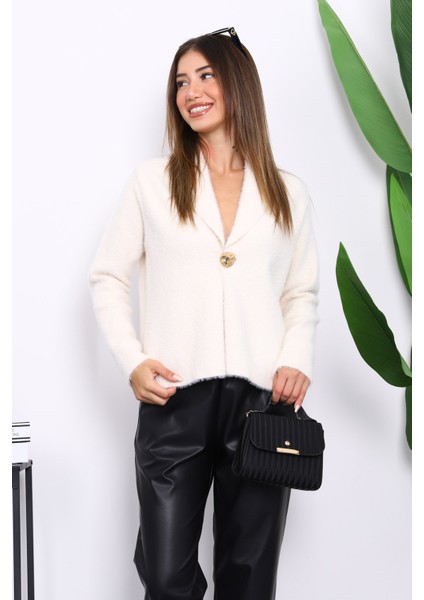 Krem Tek Düğmeli Angora Yumoş Hırka