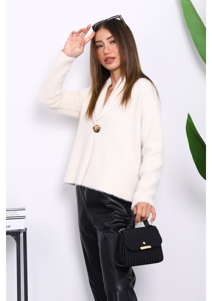 Krem Tek Düğmeli Angora Yumoş Hırka modelleri