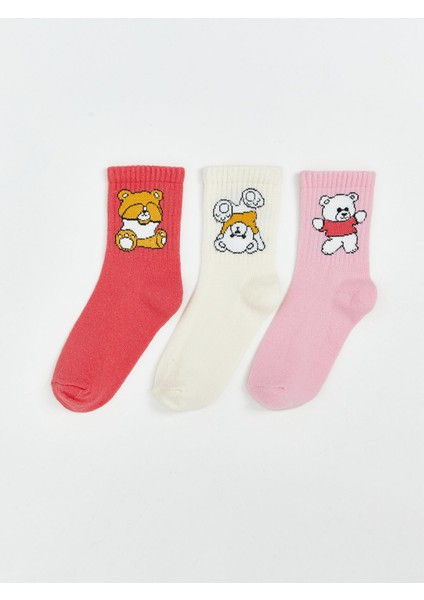 Yeni Sezon Ayı Baskılı Kız Çocuk Soket Çorap 3'lü