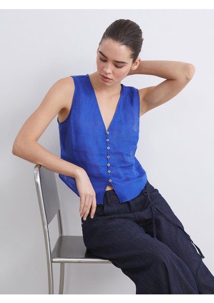 Yeni Sezon V Yaka Askılı %100 Keten Bluz