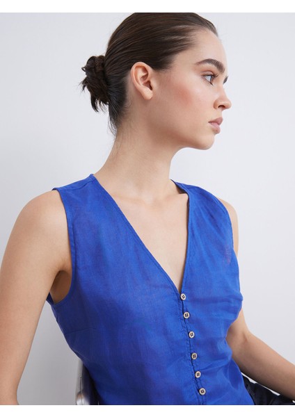 Yeni Sezon V Yaka Askılı %100 Keten Bluz modelleri