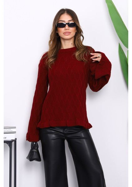 Bordo Bel ve Kol Ucu Fırfırlı Triko Kazak
