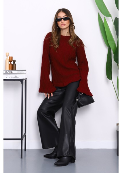 Bordo Bel ve Kol Ucu Fırfırlı Triko Kazak fiyatları