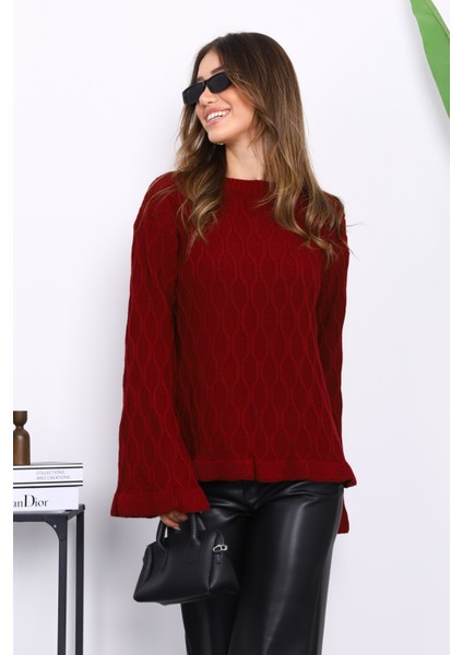 Bordo Bel ve Kol Ucu Fırfırlı Triko Kazak modelleri
