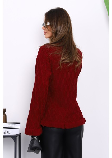 Bordo Bel ve Kol Ucu Fırfırlı Triko Kazak fırsatları