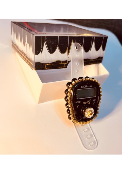 Hediyelik (Mevlid Çeyizlik Hac Umre) Sesli LED Işıklı Kutulu Taşlı Süslü Zikirmatik - Siyah Renk 1 Adet