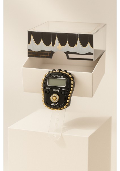 Hediyelik (Mevlid Çeyizlik Hac Umre) Sesli LED Işıklı Kutulu Taşlı Süslü Zikirmatik - Siyah Renk 1 Adet