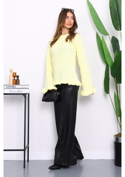 Sarı Bel ve Kol Ucu Fırfırlı Triko Kazak fiyatları