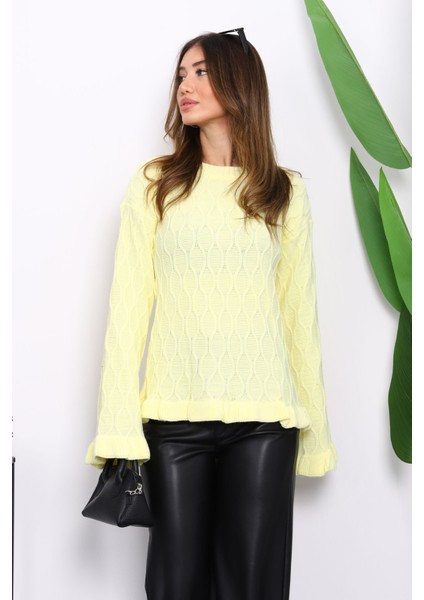 Sarı Bel ve Kol Ucu Fırfırlı Triko Kazak modelleri