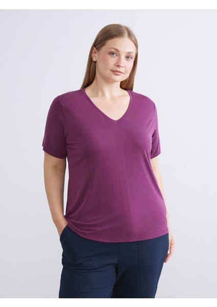 Yeni Sezon V Yaka Modal Karışımlı Kadın Tişört fiyatları