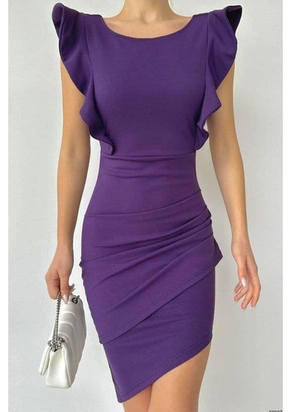 Fırfırlı Sırt Bağlamalı Krep Elbise 582074 Mor