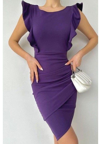 Fırfırlı Sırt Bağlamalı Krep Elbise 582074 Mor modelleri