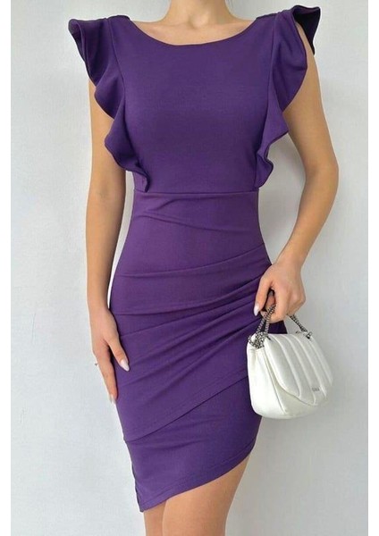Fırfırlı Sırt Bağlamalı Krep Elbise 582074 Mor fırsatları