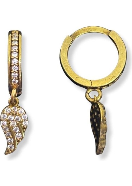 Minimal Taşlı Sallantılı Melek Kanadı 24K Altın Kaplama Gümüş Halka Küpe 1.2x1.2 cm