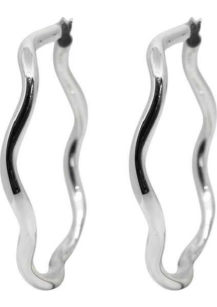 Dalgalı Geometrik Form Gümüş Kadın Halka Küpe 4.8x4.8 cm