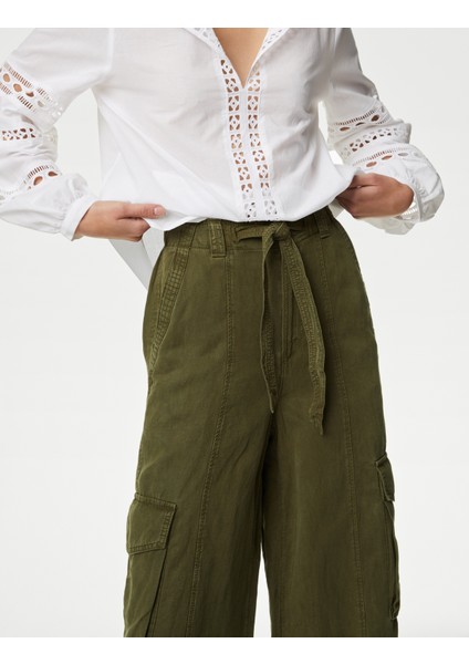 Wide Leg Keten Kargo Pantolon