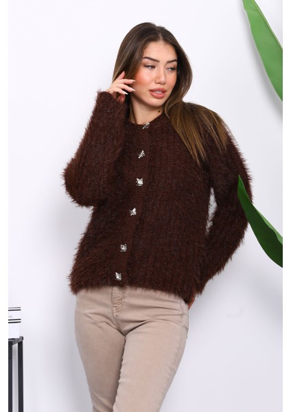 Kahverengi Düğmeli Simli Angora Yumoş Triko Hırka