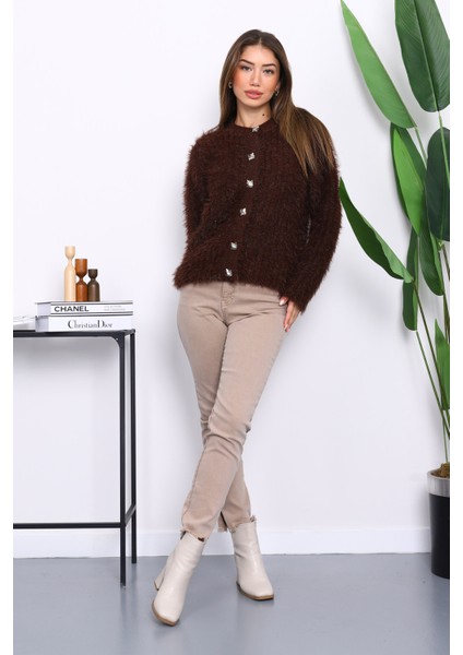 Kahverengi Düğmeli Simli Angora Yumoş Triko Hırka fiyatları