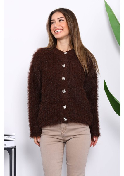 Kahverengi Düğmeli Simli Angora Yumoş Triko Hırka modelleri