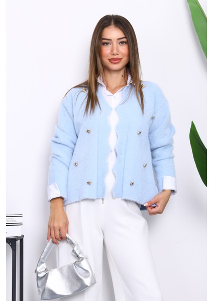 Bebe Mavi Düğme Detaylı Angora Yumoş Triko Hırka