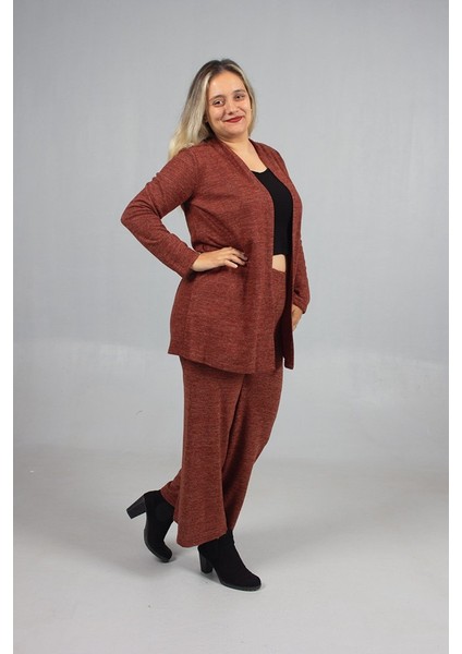 Pamuklu Yün Viskon Büyük Beden Pantolon Hırka Takım Kiremit