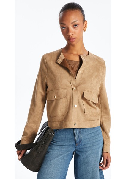 Yeni Sezon Bisiklet Yaka Süet Görünümlü Kadın Ceket