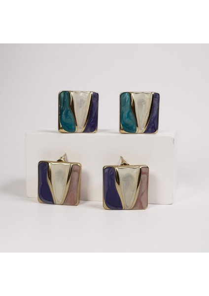 Renk Blok Kare Küpe - Pembe&mor