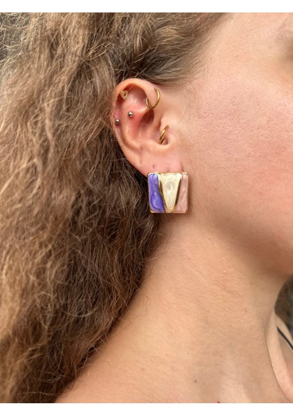 Renk Blok Kare Küpe - Pembe&mor modelleri