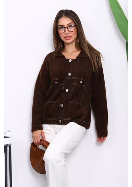 Kahverengi Angora Yumoş Triko Hırka