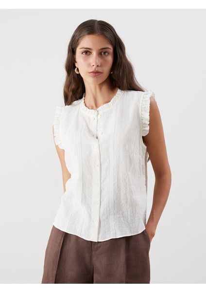 Yeni Sezon Bisiklet Yaka Nakışlı Fırfırlı Vual Bluz