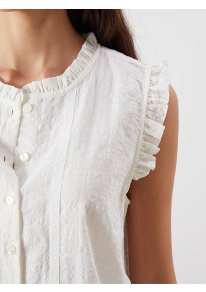 Yeni Sezon Bisiklet Yaka Nakışlı Fırfırlı Vual Bluz modelleri