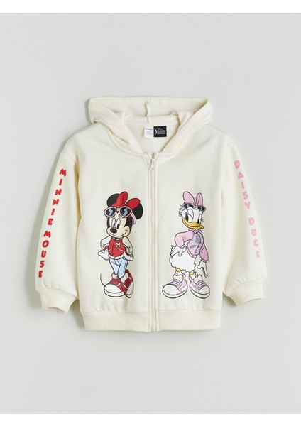 Yeni Sezon Minnie Mouse Baskılı Kapüşonlu Kız Çocuk Fermuarlı Sweathirt
