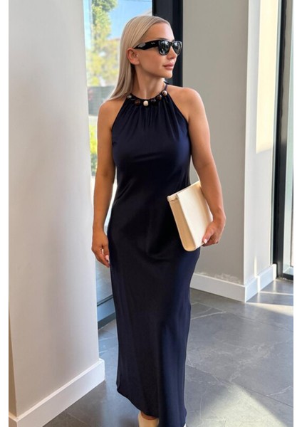 Saten Bisiklet Yaka Uzun Kadın Siyah Elbise
